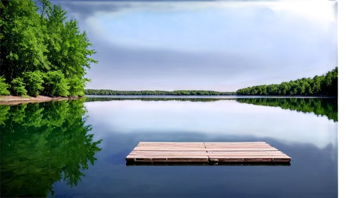 Serene lake, calm water, mirror-like reflection, surrounding trees, lush greenery, sunny day, few puffy white clouds, gentle ripples, shallow water, stone shore, wooden dock, 3/4 composition, warm nat