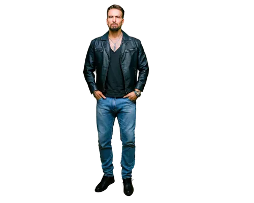 Gangster, mature man, bandana on head, tattoos on arms, muscular build, black leather jacket, white shirt, blue jeans, silver chain necklace, confident posture, standing with one leg bent, urban setti