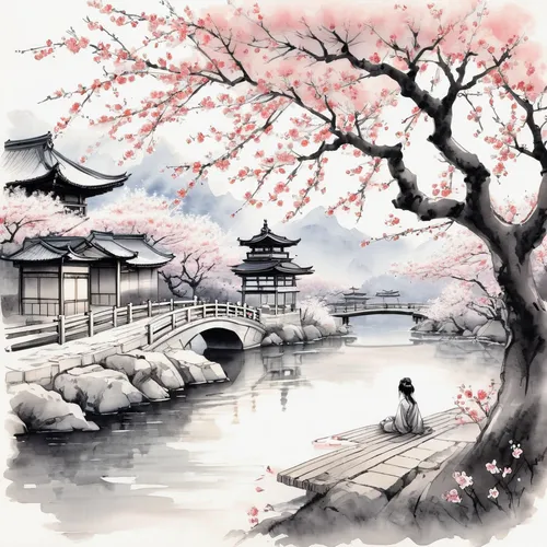 Craft a romantic anime pic set in a peaceful garden with blooming cherry blossoms.,japanese sakura background,sakura trees,plum blossoms,the cherry blossoms,sakura tree,japanese art,sakura background,