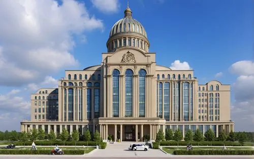 administrative building, huge volume, 8 floor building, blend of modern and classical architecture style, huge atrium on lower level, front entrance porch, add balconies to the side of the building,th