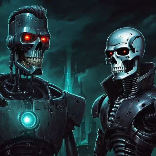 Терминатор против Бендера из футурамы,two futuristic skulls standing next to each other in front of a dark sky,terminators,endoskeleton,terminator,automatons,totentanz,cyberdyne,Conceptual Art,Fantasy