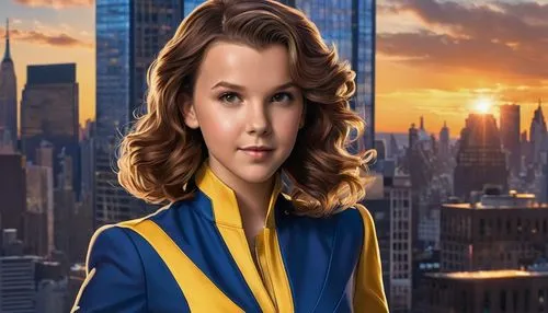 Millie Bobby Brown, Kitty Pryde, teenage girl, X-Men costume, blue-yellow suit, long curly brown hair, bright brown eyes, freckles, gentle smile, standing hero pose, city street, New York City, skyscr