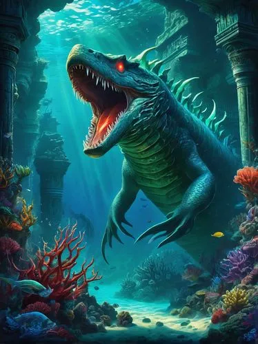 Dark fantasy artwork, Leviathan creature, massive sea monster, scaly skin, sharp teeth, glowing red eyes, underwater cityscape, ruins of Atlantis, coral reefs, seaweed-covered columns, ancient artifac