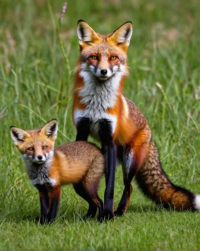 Patience pays off when mama red fox brings her mixed red and cross colored kits out into the field. Image: Thanks to ©KAR Photography.,fox stacked animals,fox with cub,foxes,fox hunting,vulpes vulpes,