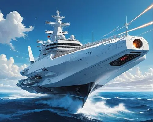 White Ultra-modern high-tech warship, laser guns, space distortion systems, takeoff engines, blue sky, blue sea,,the large boat is sailing through the ocean,yamato,hnoms,jmsdf,marineau,battlecruiser,s