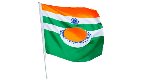 India national flag, horizontal tricolor, saffron orange, white, green, Ashoka Chakra wheel, 24 spokes, golden yellow, centered, waving, blowing in wind, dynamic movement, high contrast, vibrant color