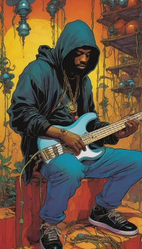 thundercat,guitar player,street musician,guru,reggae,itinerant musician,slide guitar,musician,guitar solo,hip hop music,guitarist,street music,rastaman,jazz guitarist,jimmy hendrix,hooded man,the guitar,amplification,gorilla soldier,guitar,Illustration,Realistic Fantasy,Realistic Fantasy 04