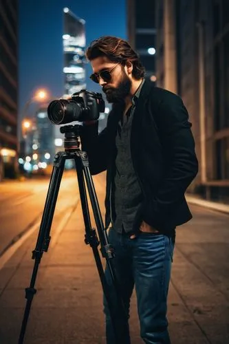 Male photographer, 30s, casual wear, Canon EOS camera, sunglasses, messy brown hair, beard, standing, leaning, holding tripod, looking through lens, urban cityscape, skyscraper, modern architecture, s