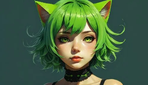 nepeta,emerald,cat ears,lime,green skin,feline,domestic short-haired cat,green tangerine,melonpan,green eyes,green,green tomatoe,fran,green paprika,cat head,mow,feline look,digital painting,drawing cat,wasabi,Illustration,Realistic Fantasy,Realistic Fantasy 12