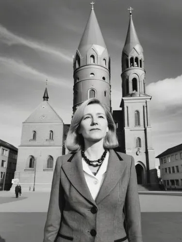 B&W photo: Ms. Eva H. in front of the Kaiser Wilhelm Memorial Church in Berlin.,a woman in a suit standing near a church,gellhorn,mosbacher,callista,iulia hasdeu castle,novotna,dietrich,Photography,Bl