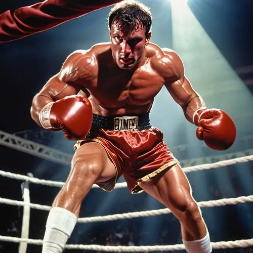 Rocky, muscular man, sweaty, intense facial expression, cauliflower ears, nose bleeding, bruised eyes, boxing gloves, red boxing shorts, white sneakers, dramatic lighting, spotlight shining down, dark