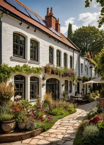 Beeston village scene, modern architectural design, white rendered walls, large glass windows, sloping roof, solar panels, wooden accents, lush greenery surroundings, flowers blooming, vibrant colors,