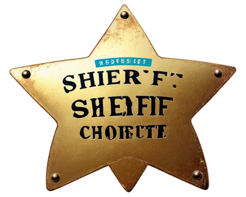 Cartoon sheriff badge, golden metal, shiny surface, star-shaped center, bold font, "SHERIFF" text, curved edges, worn-out details, rusty tone, old west style, close-up shot, soft focus, warm lighting,