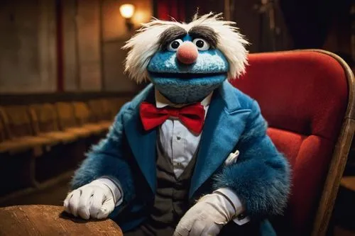 Long faced Muppet, sad expression, droopy ears, big round eyes, blue fur, fluffy hair, white gloves, red bow tie, sitting on a wooden chair, backstage, old theater, dim lighting, nostalgic atmosphere,