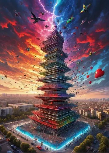 tower of babel,electric tower,taipei 101,fantasy picture,skyscraper,bird tower,the skyscraper,animal tower,skycraper,3d fantasy,world digital painting,sky tree,fantasy city,burj,fantasy world,bird kingdom,fantasy art,russian pyramid,sky apartment,chinese clouds,Conceptual Art,Graffiti Art,Graffiti Art 02