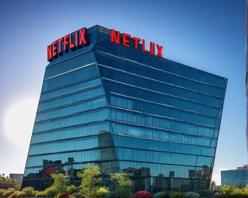 Modern Netflix headquarters building, futuristic architecture, glass and steel structure, sleek lines, minimalist design, rooftop garden, cityscape background, sunny day, warm lighting, shallow depth 