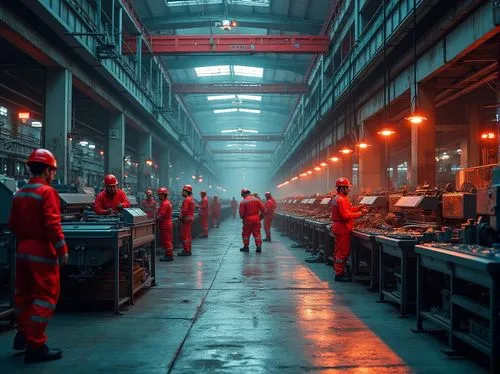 industrial factory, modern architecture, bold red accents, metallic structures, steel beams, concrete floors, exposed pipes, industrial lighting, machinery equipment, conveyor belts, crimson safety he