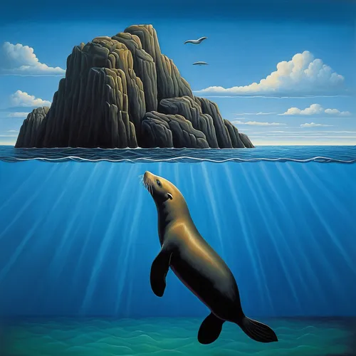 Create a mysterious poem about a young sea lion diving into the deep ocean.,steller sea lion,california sea lion,marine mammal,sea lion,pilot whale,short-finned pilot whale,porpoise,oceanic dolphins,m