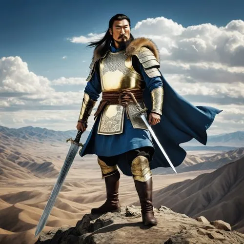 Genghis Khan, Mongol empire, powerful leader, muscular man, strong facial features, sharp eyes, thick beard, braided hair, golden armor, leather boots, holding a sword, standing on a mountain, vast de