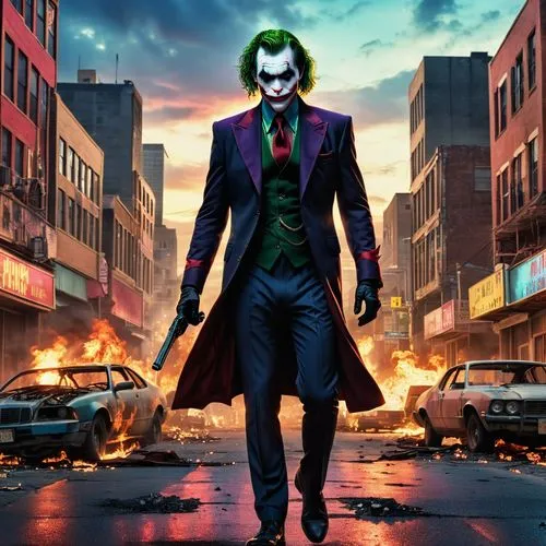 a colorful and mysterious Joker in a sleek, black suit and tie stands in the middle of a deserted city street for the midnight. The sky is a deep shade of red, and the streets around it are adorned wi