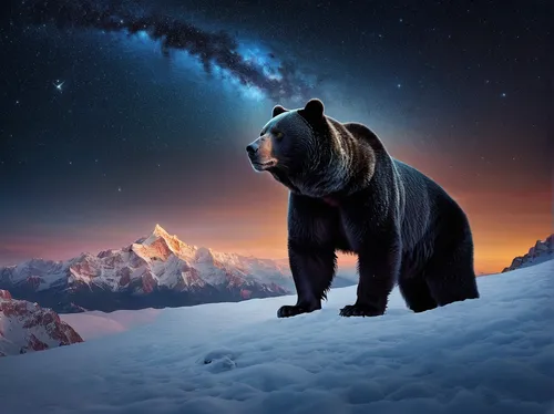 Compose a poetic description of Ursa Major's majestic presence in a serene nighttime setting.,bear guardian,nordic bear,ursa major,ursa major zodiac,great bear,grizzly bear,bear kamchatka,brown bear,p