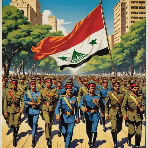 the poster features a vibrant design of a military-themed magazine, featuring a detailed image of a group of fighters marching through the streets of northern Cairo. The image depicts the clash betwee