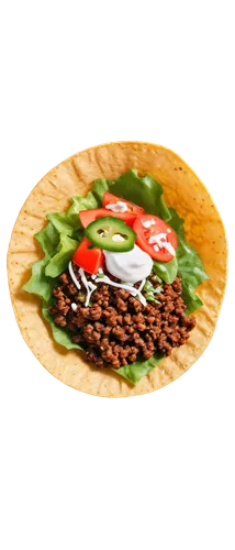 Mexican food, taco, savory, crispy shell, seasoned ground beef, melted cheese, lettuce, diced tomatoes, sour cream, cilantro, solo, overhead shot, shallow depth of field, warm color tone, soft lightin