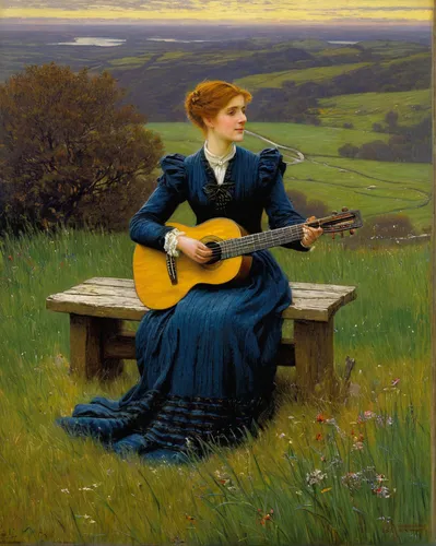 woman playing,serenade,classical guitar,guitar,cavaquinho,balalaika,acoustic guitar,itinerant musician,playing the guitar,concert guitar,folk music,guitar player,woman playing violin,musician,acoustic-electric guitar,woman sitting,celtic harp,idyll,guitarist,la violetta,Illustration,Retro,Retro 09