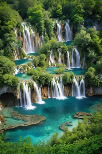 Paradise waterfalls of Plitvice lakes national park, panoramic view, Croatia,plitvice,green waterfall,erawan waterfall national park,waterfalls,croatia,krka national park,kravice,beautiful japan,beaut