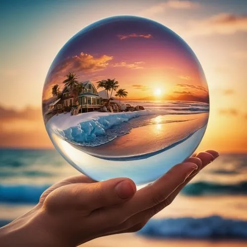 CENTRED :: Amazingly Stunning Summer hand holding glass_sphere Showing A Beautiful Sunset Beach; Collage by Mike Campau + Jesse Treece + Shaun Tan + Antonio Mora + Vladimir Kush; Ultrearealistic; High