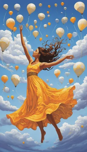 Describe the feeling of floating in the air with vectors.,flying dandelions,flying seeds,flying seed,dance with canvases,fairies aloft,balloons flying,whirling,little girl in wind,little girl with bal