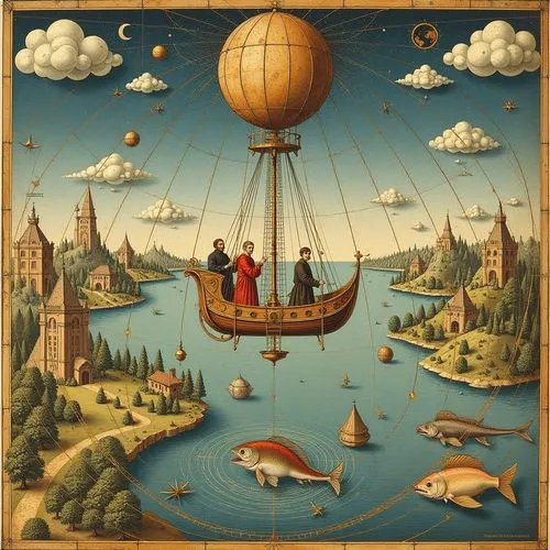 A fascinating and detailed painting in a mixed style of medieval cartography, an illuminated manuscript with elements of a medieval bestiary with numerous small details and characters. The image is ma