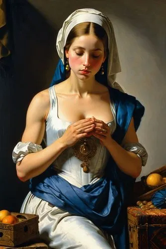 a painting of a (((beautiful young woman)) , praying ,
, ((((huge beautiful round chest)))) ,by Johannes Vermeer, vermeer painting, vermeer lighting, (((perfect holy beauty, (perfect fitness hardbody,