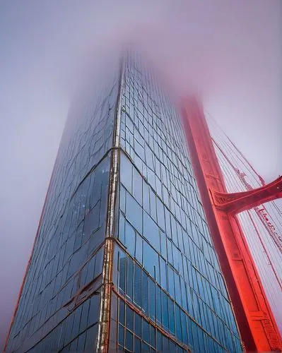 Futuristic skyscraper, San Francisco cityscape, Golden Gate Bridge, foggy morning, modern architecture, sleek lines, metallic materials, glass façade, LED lights, rooftop garden, observation deck, urb