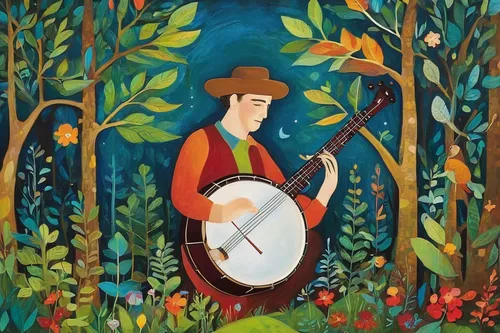 Create a poem about a banjo player's heartfelt melody echoing through an enchanted forest.,charango,cavaquinho,banjo player,folk music,musicians,woman playing,musician,pandero jarocho,folk instrument,