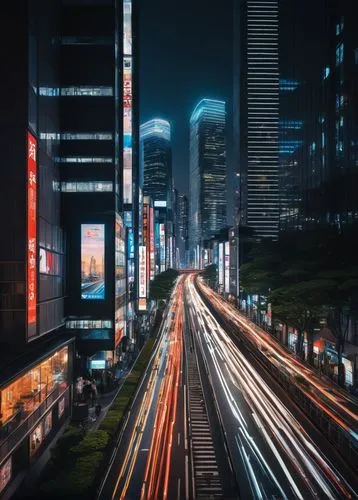 Amo architecture and design, modern skyscraper, sleek lines, reflective glass, steel frame, geometric shapes, LED lights, urban cityscape, night view, Tokyo style, bustling streets, pedestrian traffic