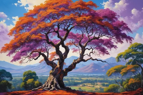 colorful tree of life,jacaranda,jacaranda trees,painted tree,lilac tree,purple landscape,flourishing tree,watercolor tree,autumn tree,robert duncanson,rowan-tree,celtic tree,rosewood tree,tangerine tree,magic tree,acerola,oak tree,dragon tree,blossom tree,deciduous tree,Art,Classical Oil Painting,Classical Oil Painting 01