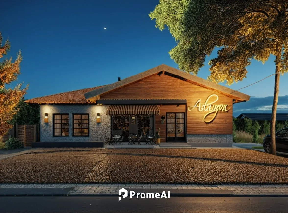 the front of a restaurant at night time,alpine restaurant,ristorante,restaurant,gastropub,country hotel,a restaurant,Photography,General,Realistic