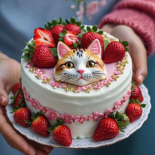 A pair of hands is holding a beautifully decorated small strawberry cake, adorned with [hibiscus] and a [cat] figure,strawberries cake,strawberrycake,sweetheart cake,torte,little cake,strawberry desse