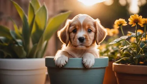 flowerpot,cute puppy,flower pot,basset,golden retriever puppy,gardening,Photography,General,Cinematic