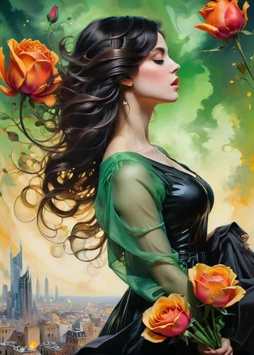 rosa 'the fairy,fantasy art,yellow rose background,fantasy picture,fantasy woman,the enchantress,Art,Classical Oil Painting,Classical Oil Painting 15