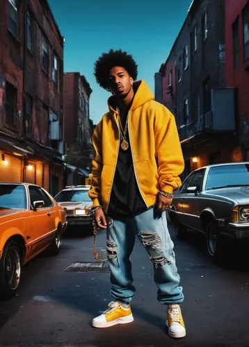 Rap cover art, urban cityscape, night scene, dark alleys, graffiti walls, street lamps, boombox, vinyl records, cassette tapes, gold chains, diamond grillz, bold afro, trendy sneakers, ripped denim je