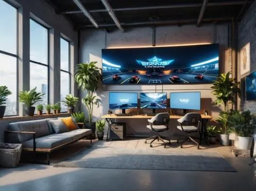 A studio full of e-sports feel, a set of tables and chairs, three computer screens supported by screen stands, a window next to the studio, a small potted plant next to the window sill, and a set of s