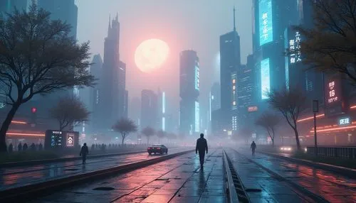 Futuristic plateau landscape, high-tech cityscape, sleek skyscrapers, neon lights, holographic advertisements, levitating vehicles, robots walking by, metallic roads, towering trees with glowing leave