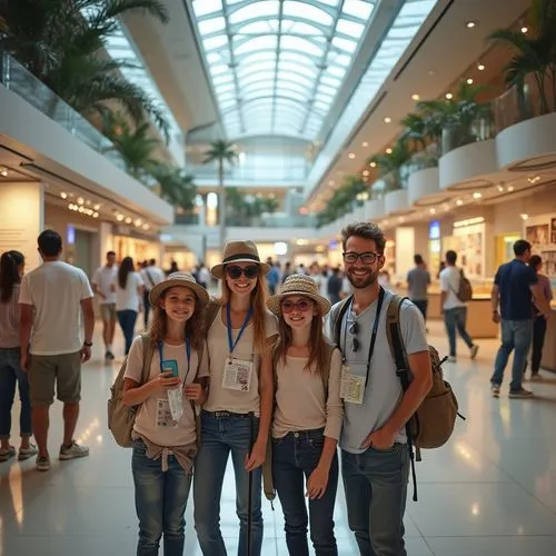 Welcome tourists, happy family, smiling kids, casual wear, sunglasses, summer hats, cameras around necks, walking sticks, backpacks, holding maps, looking at signs, excited expressions, taking selfies