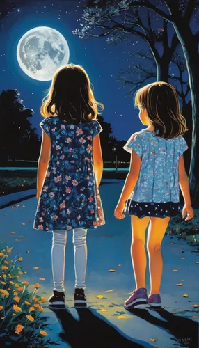 Two little girls on a full moon night in the park,little girls walking,sewing pattern girls,oil painting on canvas,moonlit night,night scene,little girls,carol colman,two girls,chalk drawing,the girl 