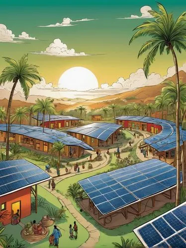 Modern humanitarian architecture, sustainable building, green roof, solar panels, recycled materials, curved lines, natural light, open space, community center, disaster relief, refugee camp, tropical