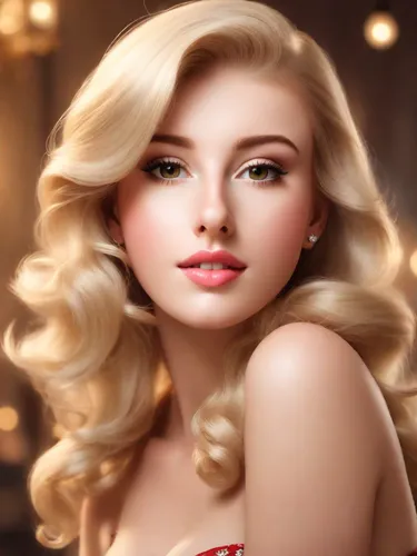 Beautiful blonde in real-life Elvgren pin-up style, photorealistic,blonde woman,blond girl,blonde girl,realdoll,blonde girl with christmas gift,retro pin up girl,romantic portrait,elsa,valentine day's