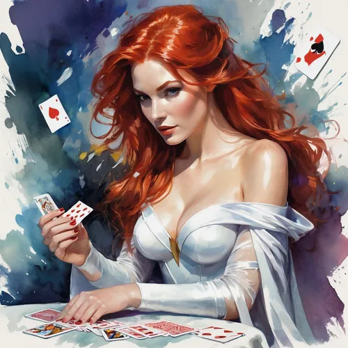 poker primrose,queen of hearts,poker,poker set,playing cards,playing card,dice poker,gambler,magician,woman playing,deck of cards,play cards,gamble,game illustration,blackjack,fantasy woman,ariel,card game,cigarette girl,mary jane,Conceptual Art,Oil color,Oil Color 10