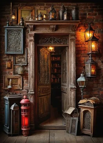 inglenook,victorian kitchen,vintage lantern,apothecary,victorian room,alcove,gaslight,apothecaries,scullery,cupboard,dolls houses,dollhouses,gas lamp,pantry,antiquaires,brandy shop,vintage kitchen,stationer,antique background,oil lamp,Illustration,Realistic Fantasy,Realistic Fantasy 35